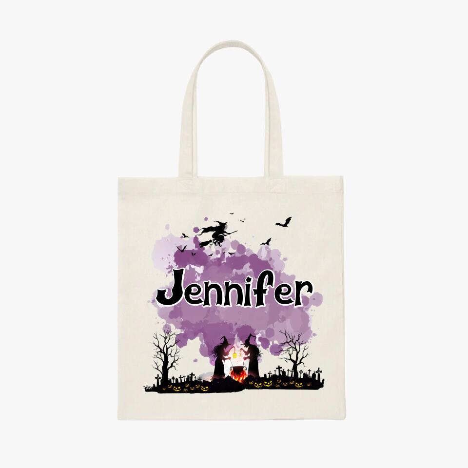 Personalized Halloween Tote Bag Customized Pumpkin Witch Black Cat Castle Skeleton Ghost Canvas Tote Bag for Trick or Treat Goodie gift Bags