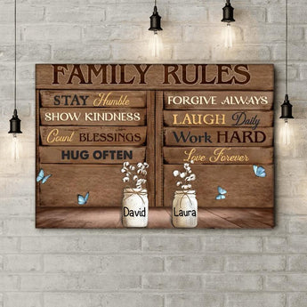 Family Rules Stay Humble Show Kindness Count Blessing - Personalized Canvas, Gift For Family