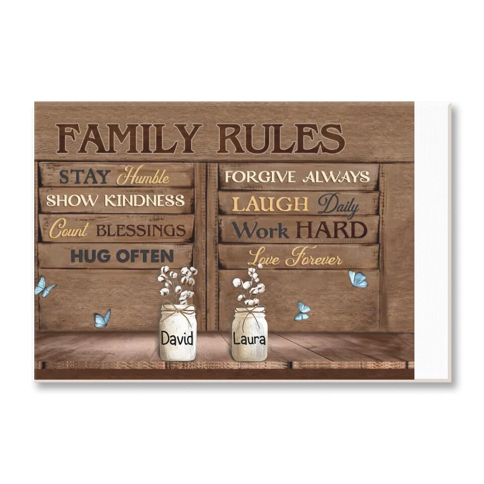 Family Rules Stay Humble Show Kindness Count Blessing - Personalized Canvas, Gift For Family