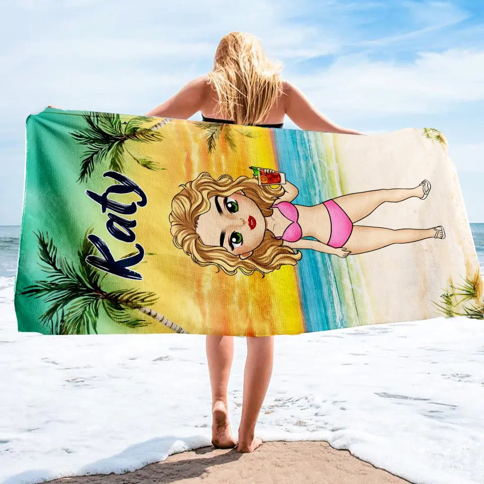 Cartoon Style - Personalized Beach Towel With Name, Summer Gift